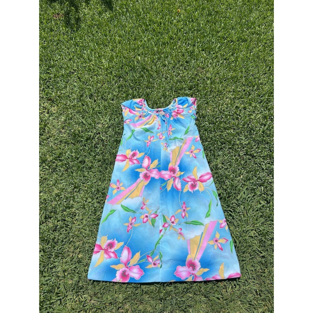 Hilo Hatties Vintage Blue Maxi Dress Floral Rayon Muumuu XL